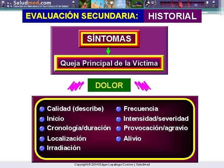 EVALUACIÓN SECUNDARIA: HISTORIAL SÍNTOMAS Queja Principal de la Víctima DOLOR Calidad (describe) Frecuencia Inicio