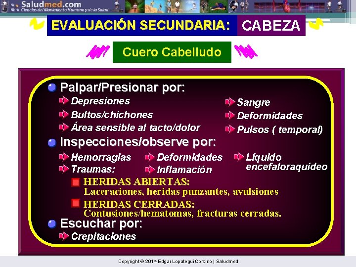 EVALUACIÓN SECUNDARIA: CABEZA Cuero Cabelludo Palpar/Presionar por: Depresiones Bultos/chichones Área sensible al tacto/dolor Inspecciones/observe