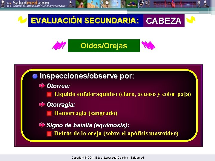 EVALUACIÓN SECUNDARIA: CABEZA Oidos/Orejas Inspecciones/observe por: Otorrea: Líquido enfaloraquídeo (claro, acuoso y color paja)