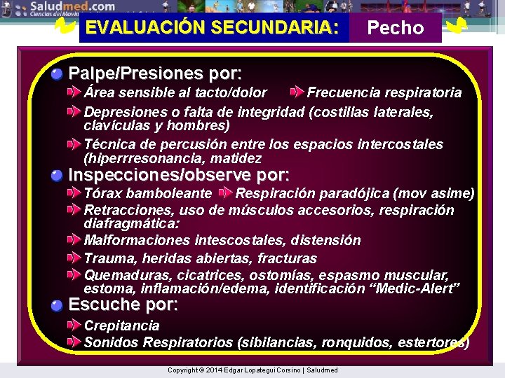 EVALUACIÓN SECUNDARIA: Pecho Palpe/Presiones por: Área sensible al tacto/dolor Frecuencia respiratoria Depresiones o falta