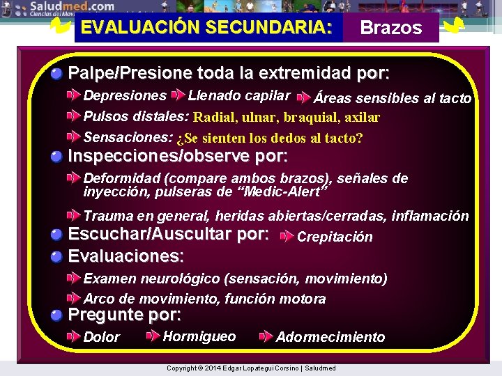 EVALUACIÓN SECUNDARIA: Brazos Palpe/Presione toda la extremidad por: Depresiones Llenado capilar Áreas sensibles al