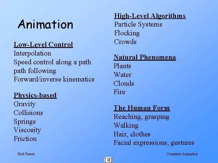 Animation Low-Level Control Interpolation Speed control along a path following Forward/inverse kinematics Physics-based Gravity