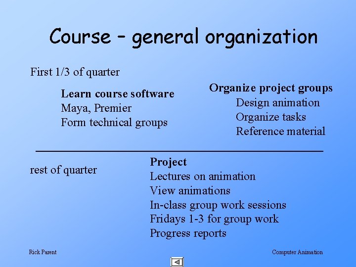 Course – general organization First 1/3 of quarter Learn course software Maya, Premier Form