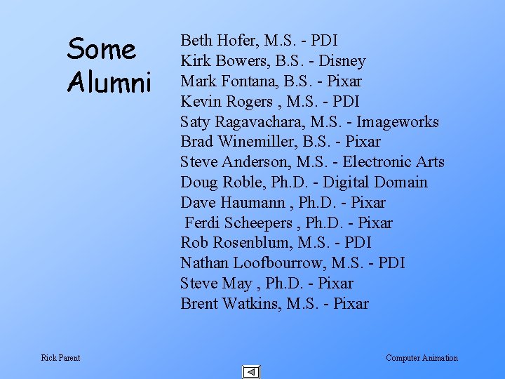 Some Alumni Rick Parent Beth Hofer, M. S. - PDI Kirk Bowers, B. S.