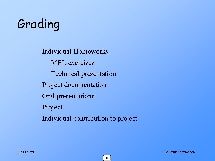 Grading Individual Homeworks MEL exercises Technical presentation Project documentation Oral presentations Project Individual contribution