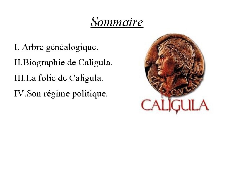 Sommaire I. Arbre généalogique. II. Biographie de Caligula. III. La folie de Caligula. IV.