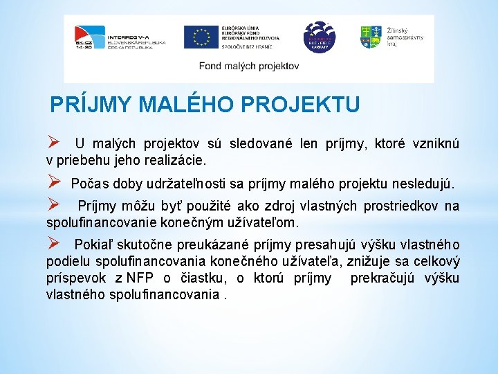 PRÍJMY MALÉHO PROJEKTU U malých projektov sú sledované len príjmy, ktoré vzniknú Ø v