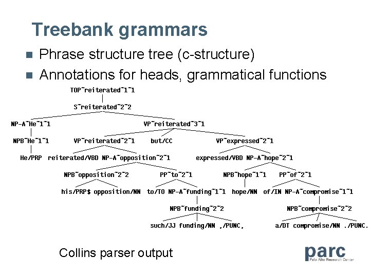 Treebank grammars n n Phrase structure tree (c-structure) Annotations for heads, grammatical functions Collins