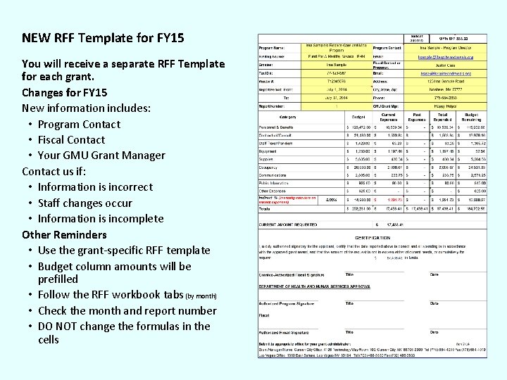 NEW RFF Template for FY 15 You will receive a separate RFF Template for