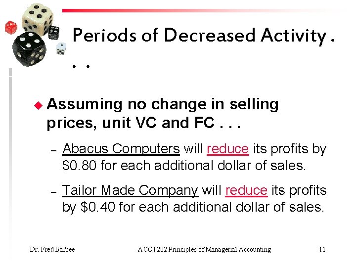 Periods of Decreased Activity. . . u Assuming no change in selling prices, unit