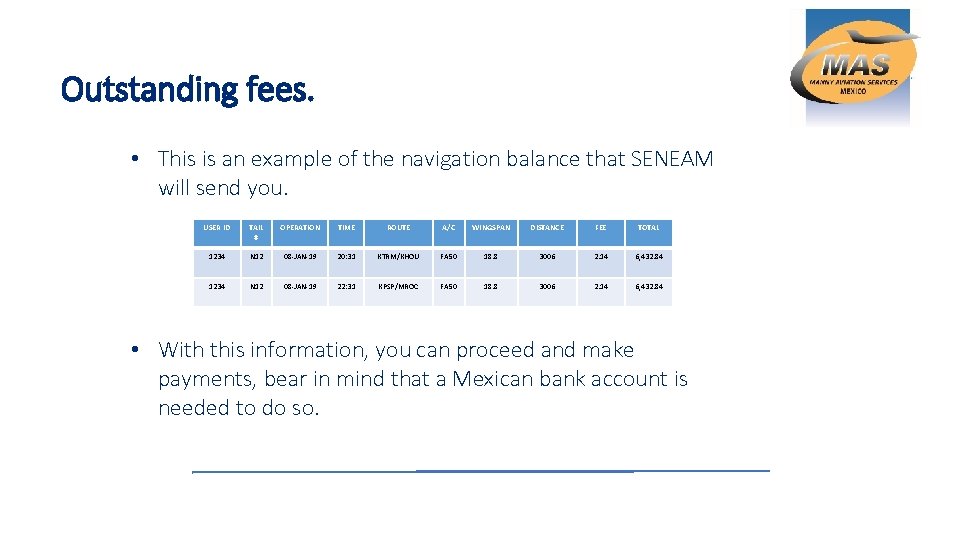 Outstanding fees. • This is an example of the navigation balance that SENEAM will