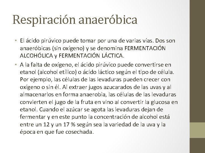 Respiración anaeróbica • El ácido pirúvico puede tomar por una de varias vías. Dos