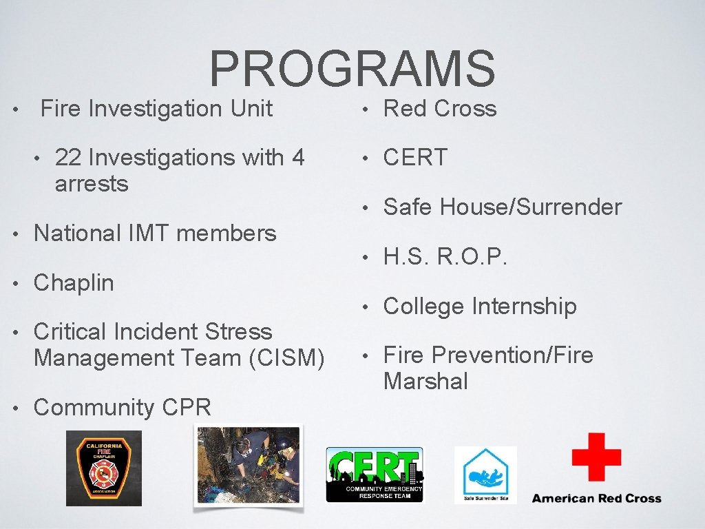 PROGRAMS • Fire Investigation Unit • 22 Investigations with 4 arrests • National IMT