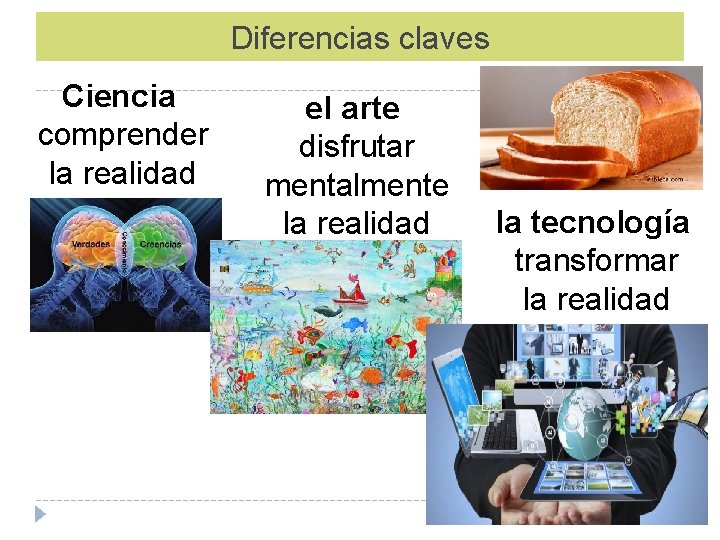 Diferencias claves Ciencia comprender la realidad el arte disfrutar mentalmente la realidad la tecnología