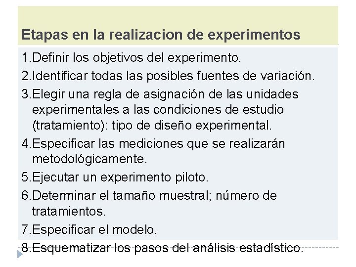 Etapas en la realizacion de experimentos 1. Definir los objetivos del experimento. 2. Identificar
