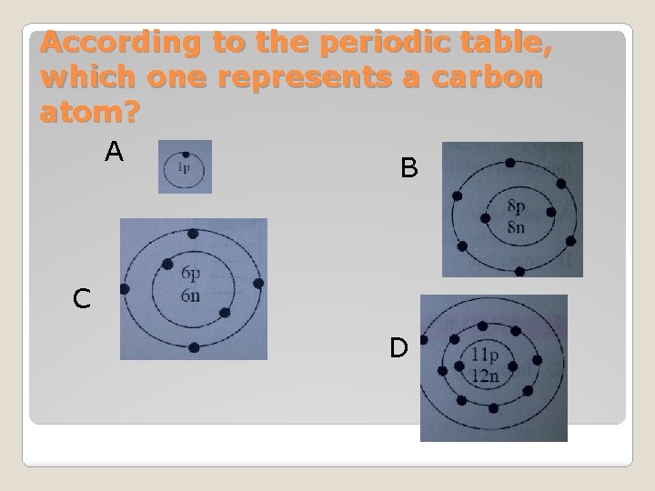 According to the periodic table, which one represents a carbon atom? A B C