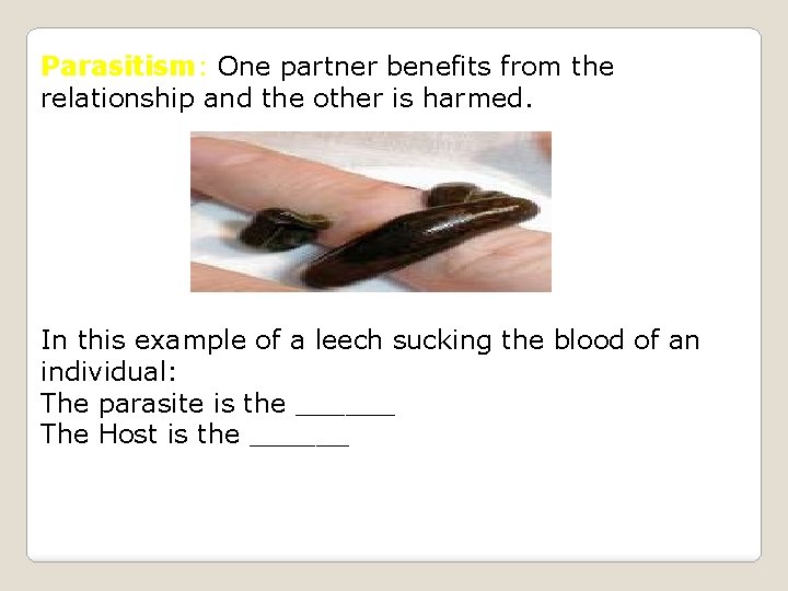 Parasitism: One partner benefits from the relationship and the other is harmed. In this