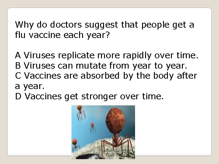 Why do doctors suggest that people get a flu vaccine each year? A Viruses