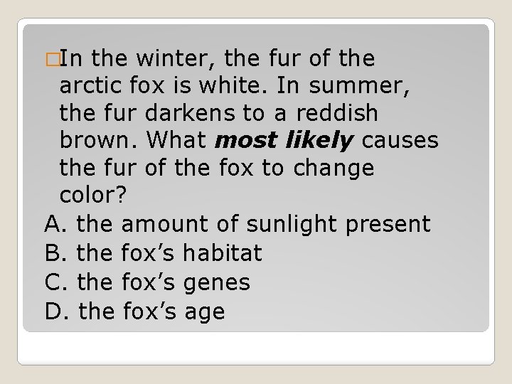 �In the winter, the fur of the arctic fox is white. In summer, the