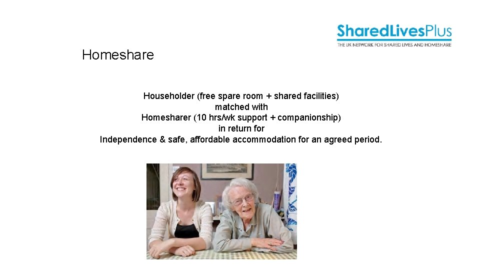 Homeshare Householder (free spare room + shared facilities) matched with Homesharer (10 hrs/wk support Homeshare Householder (free spare room + shared facilities) matched with Homesharer (10 hrs/wk support