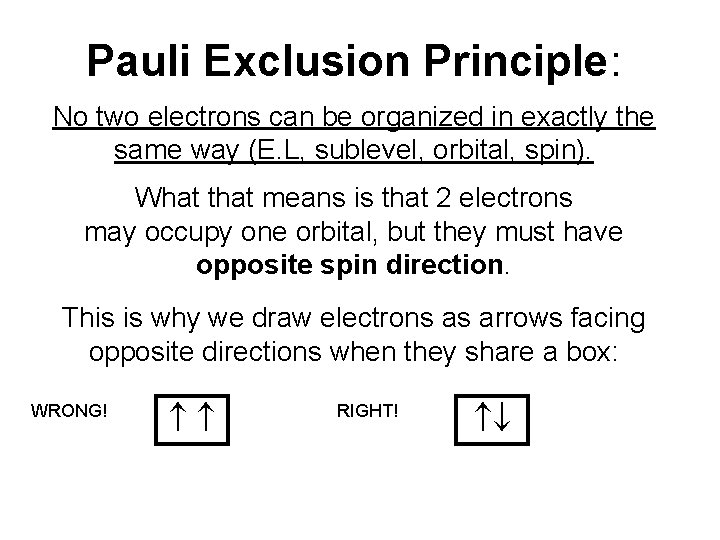 Pauli Exclusion Principle: No two electrons can be organized in exactly the same way