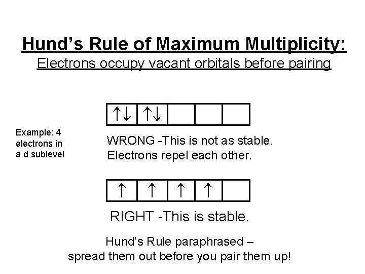 Hund’s Rule of Maximum Multiplicity: Electrons occupy vacant orbitals before pairing Example: 4 electrons