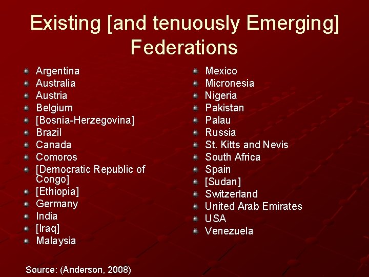 Existing [and tenuously Emerging] Federations Argentina Australia Austria Belgium [Bosnia-Herzegovina] Brazil Canada Comoros [Democratic