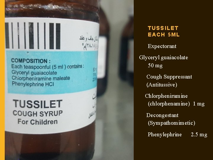 TUSSILET EACH 5 ML Expectorant Glyceryl guaiacolate 50 mg Cough Suppressant (Antitussive) Chlorpheniramine (chlorphenamine)