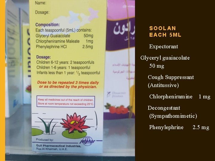 SOOLAN EACH 5 ML Expectorant Glyceryl guaiacolate 50 mg Cough Suppressant (Antitussive) Chlorpheniramine 1