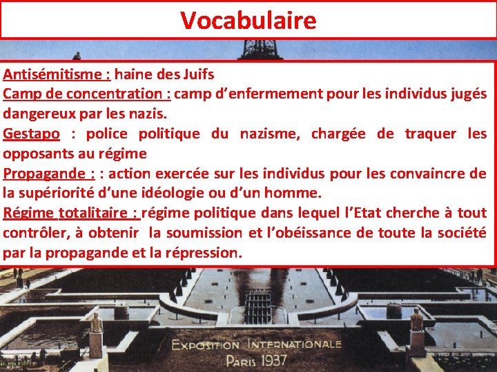 Vocabulaire Antisémitisme : haine des Juifs Camp de concentration : camp d’enfermement pour les