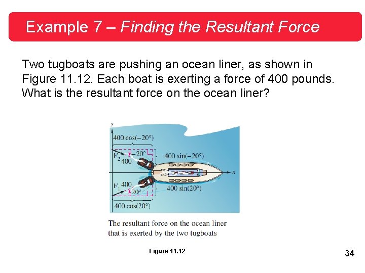 Example 7 – Finding the Resultant Force Two tugboats are pushing an ocean liner, Example 7 – Finding the Resultant Force Two tugboats are pushing an ocean liner,