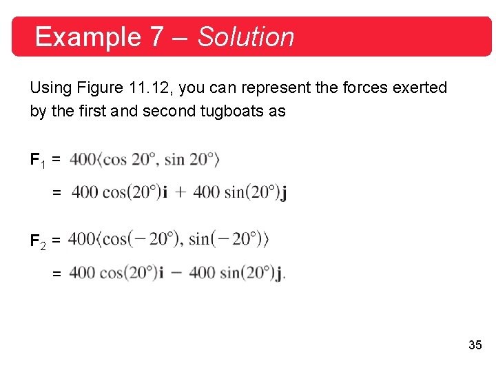 Example 7 – Solution Using Figure 11. 12, you can represent the forces exerted Example 7 – Solution Using Figure 11. 12, you can represent the forces exerted