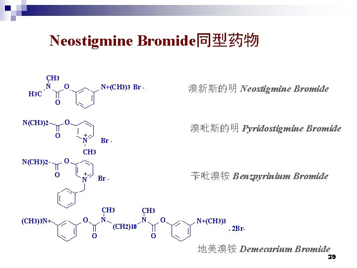 Neostigmine Bromide同型药物 H 3 C CH 3 O N N+(CH 3)3 Br - 溴新斯的明