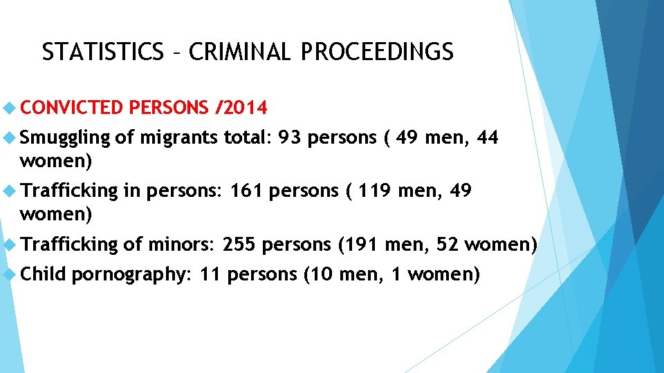 STATISTICS – CRIMINAL PROCEEDINGS CONVICTED Smuggling PERSONS /2014 of migrants total: 93 persons (
