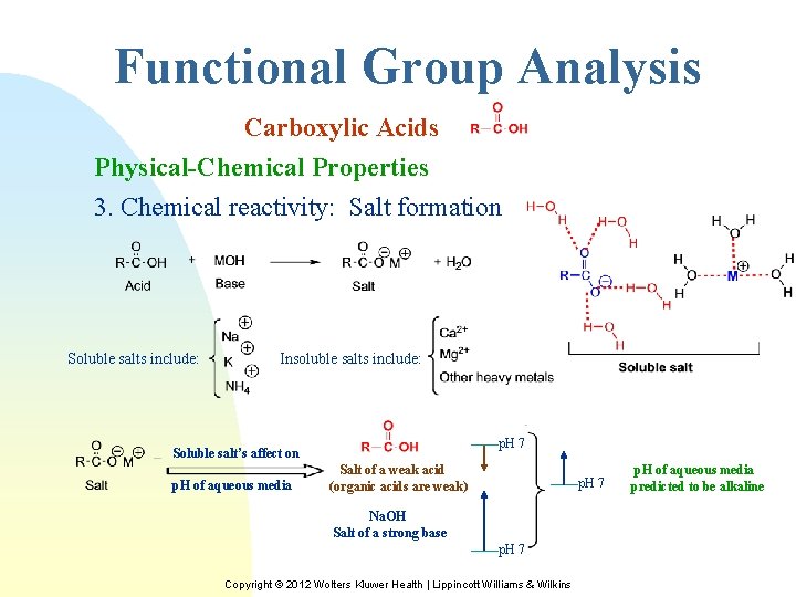 Functional Group Analysis Carboxylic Acids Physical-Chemical Properties 3. Chemical reactivity: Salt formation Soluble salts