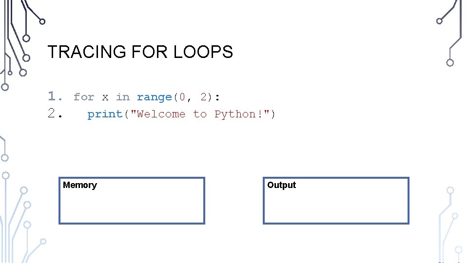 TRACING FOR LOOPS 1. 2. for x in range(0, 2): print("Welcome to Python!") Memory