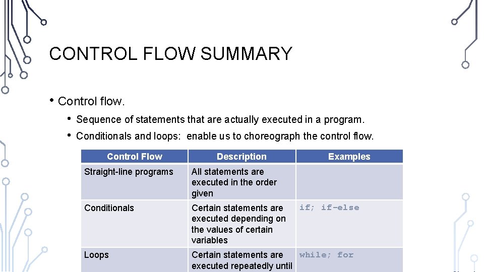 CONTROL FLOW SUMMARY • Control flow. • • Sequence of statements that are actually