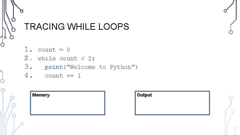 TRACING WHILE LOOPS 1. 2. 3. 4. count = 0 while count < 2: