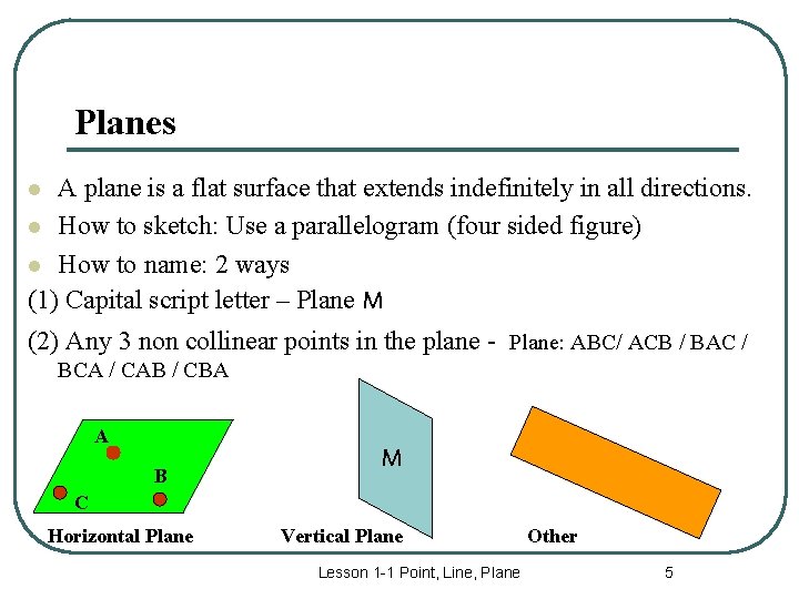 Planes A plane is a flat surface that extends indefinitely in all directions. l
