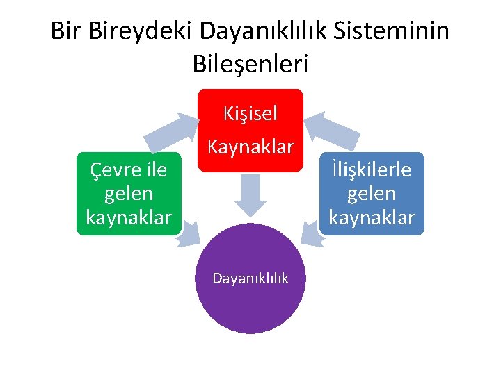 Bir Bireydeki Dayanıklılık Sisteminin Bileşenleri Çevre ile gelen kaynaklar Kişisel Kaynaklar Dayanıklılık İlişkilerle gelen