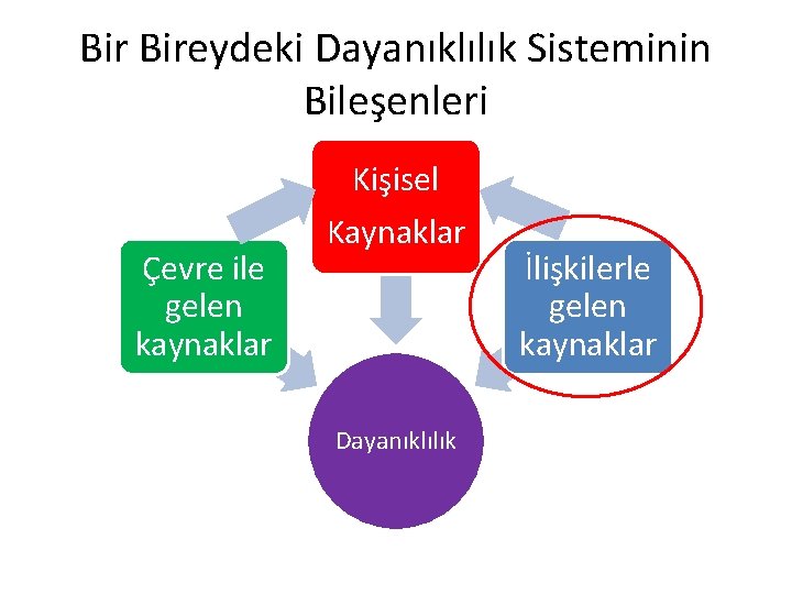 Bir Bireydeki Dayanıklılık Sisteminin Bileşenleri Çevre ile gelen kaynaklar Kişisel Kaynaklar Dayanıklılık İlişkilerle gelen