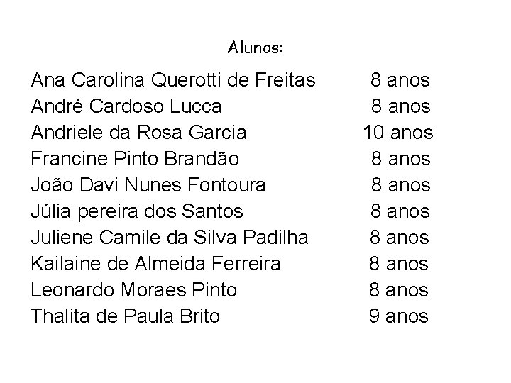 Alunos: Ana Carolina Querotti de Freitas 8 anos André Cardoso Lucca 8 anos Andriele Alunos: Ana Carolina Querotti de Freitas 8 anos André Cardoso Lucca 8 anos Andriele