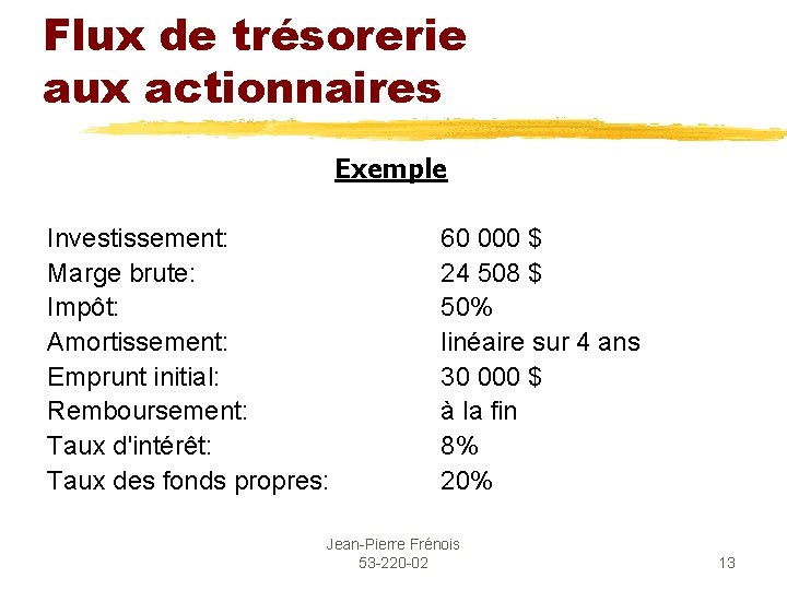 Flux de trésorerie aux actionnaires Exemple Investissement: Marge brute: Impôt: Amortissement: Emprunt initial: Remboursement: