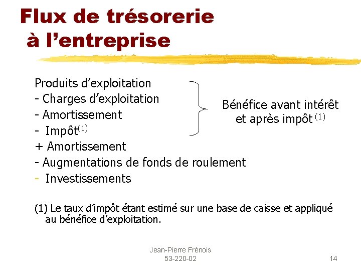 Flux de trésorerie à l’entreprise Produits d’exploitation - Charges d’exploitation Bénéfice avant intérêt -