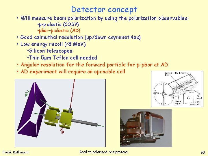 Detector concept • Will measure beam polarization by using the polarization observables: • p-p