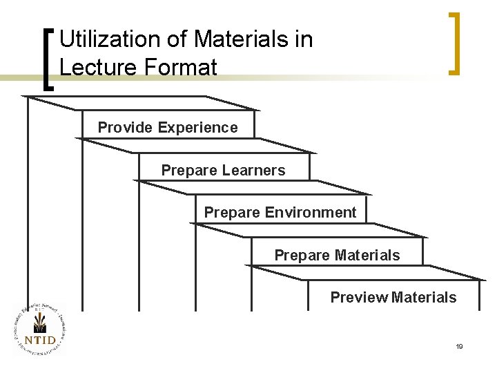 Utilization of Materials in Lecture Format Provide Experience Prepare Learners Prepare Environment Prepare Materials