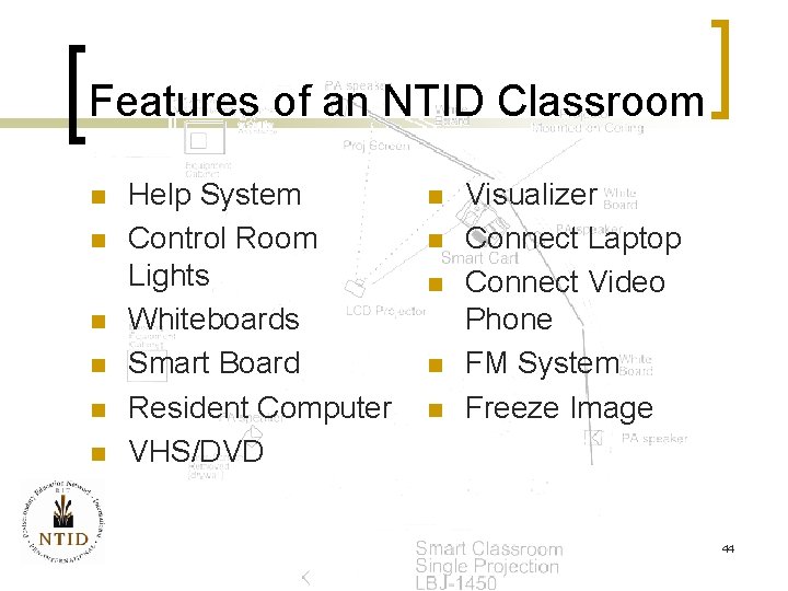 Features of an NTID Classroom n n n Help System Control Room Lights Whiteboards