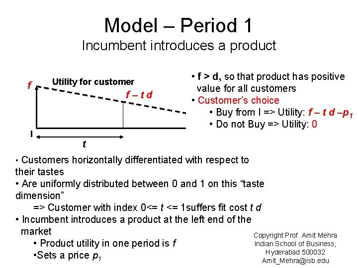 Model – Period 1 Incumbent introduces a product f I Utility for customer f–td