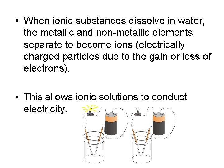  • When ionic substances dissolve in water, the metallic and non-metallic elements separate