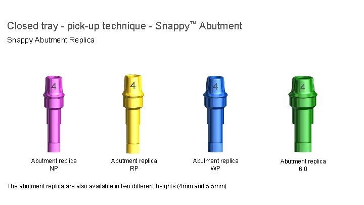 Closed tray - pick-up technique - Snappy™ Abutment Snappy Abutment Replica Abutment replica NP